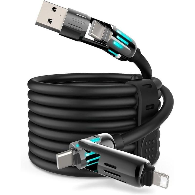 2-Pack 1M Black 4-in-1 High-Speed USB Charger Cables with Breathing Light - Universal Fit for iPhone 16/15/14/13/12/11 Pro Max, iPad, Samsung Galaxy, MacBook & Most Tablets