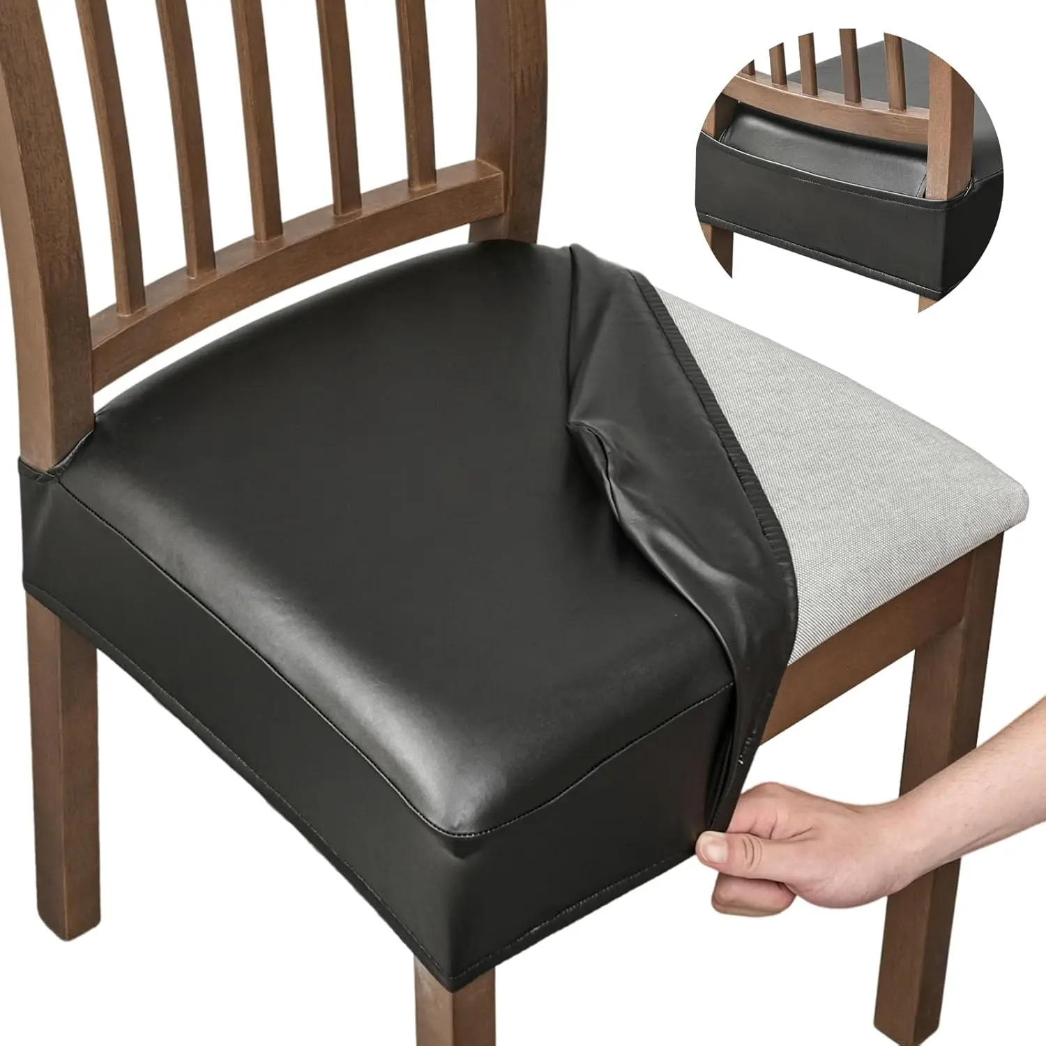 Soft Leather Dining Chair Seat Covers Set of 2, Waterproof High Stretch Faux Leather Seat Slipcovers for Kitchen Dining Chairs, Well-Fitted Chair Protectors with Elastic Ties