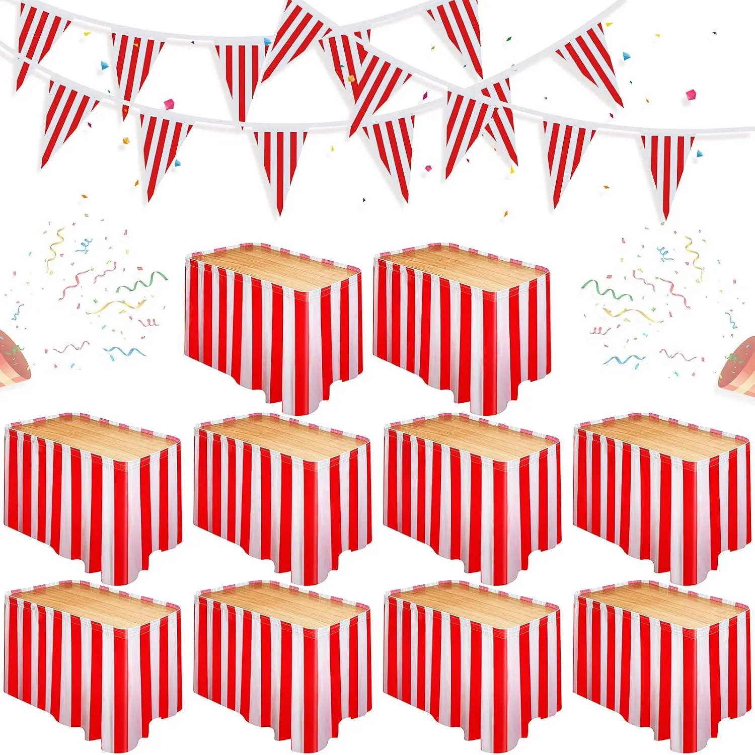 15 Pack Carnival Table Skirt Red and White Striped Table Skirts 165 x 30 Inches Disposable Carnival Tablecloth Decorations with Red and White Striped Pennant, Circus Theme Party Supplies