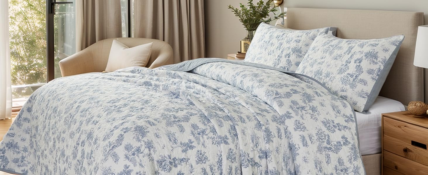 Twin Size Set Cotton Toile Bedding Blue Floral Vintage-Inspired Set 2-Piece