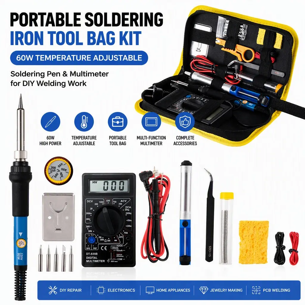 Complete Soldering Tool Kit with Digital Multimeter, 60W Adjustable Temperature Soldering Iron for Home DIY Repair