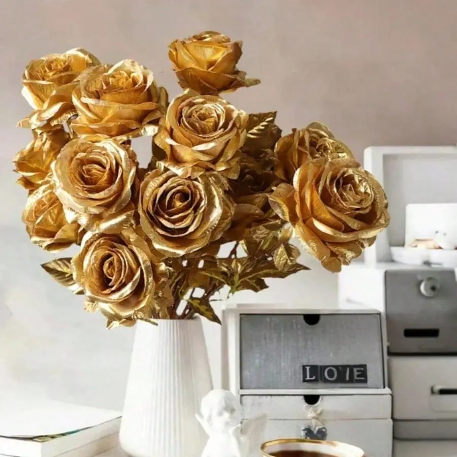 Artificial Gold Rose Bouquet 12PCS Metallic Shiny Foil Rose Flowers with Stems for Wedding Party Valentine's Day Home Table Centerpiece Decor