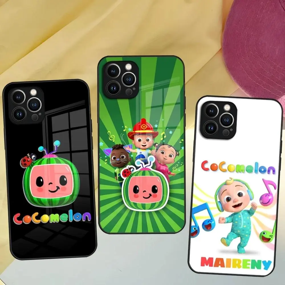 Cute C-CocomelonS Phone Case for Iphone 17 16 15 14 12 11 13 Air Pro Max Puls Samsung Galaxy S26 S25 S24 S23 S22 Black Glass Cover