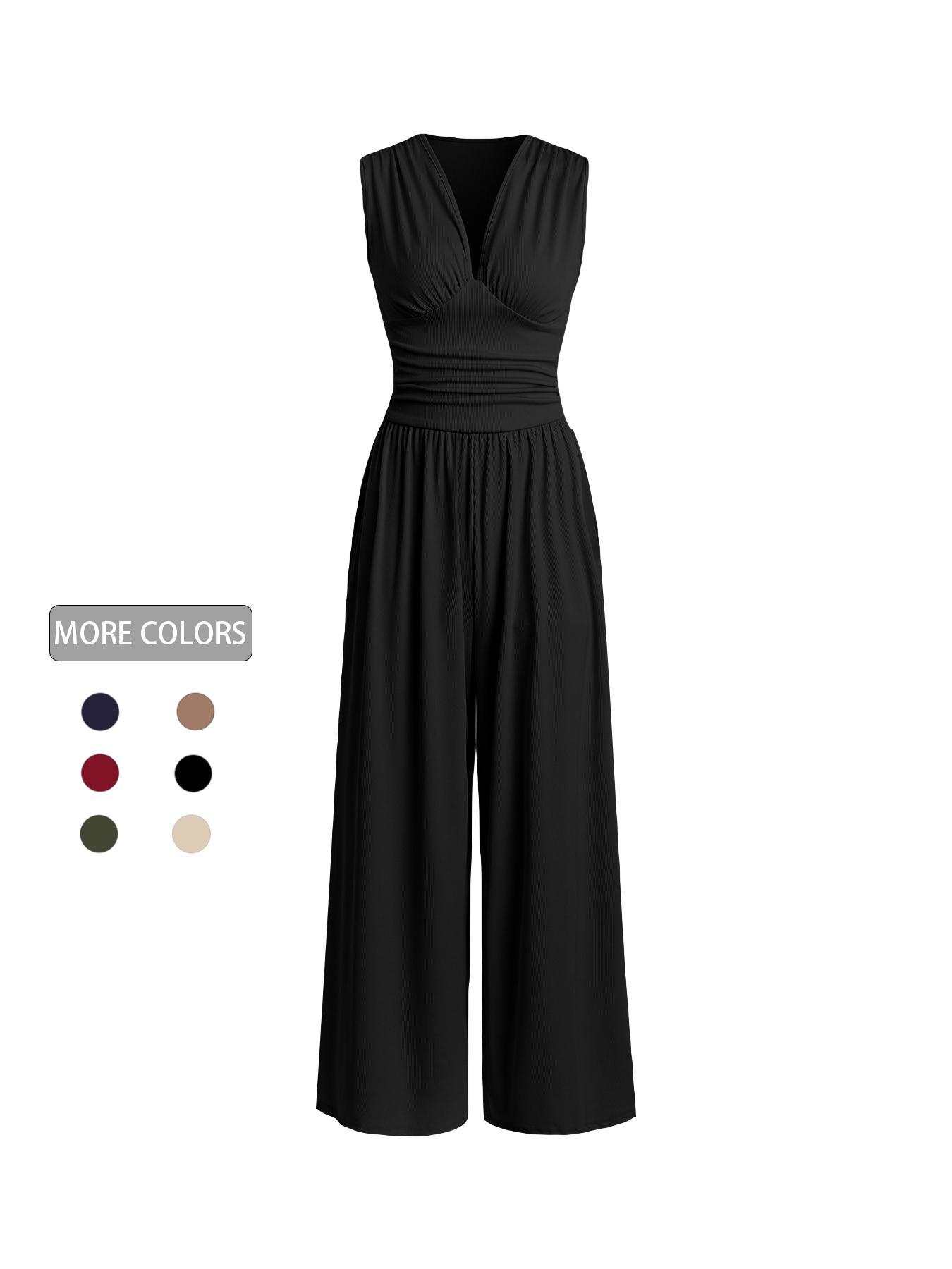 Women's Plain Ruched Deep V Neck Ribbed Jumpsuit, Elegant Sleeveless Wide Leg Jumpsuit for Summer, Ladies Clothes for Beach Holiday Vacation