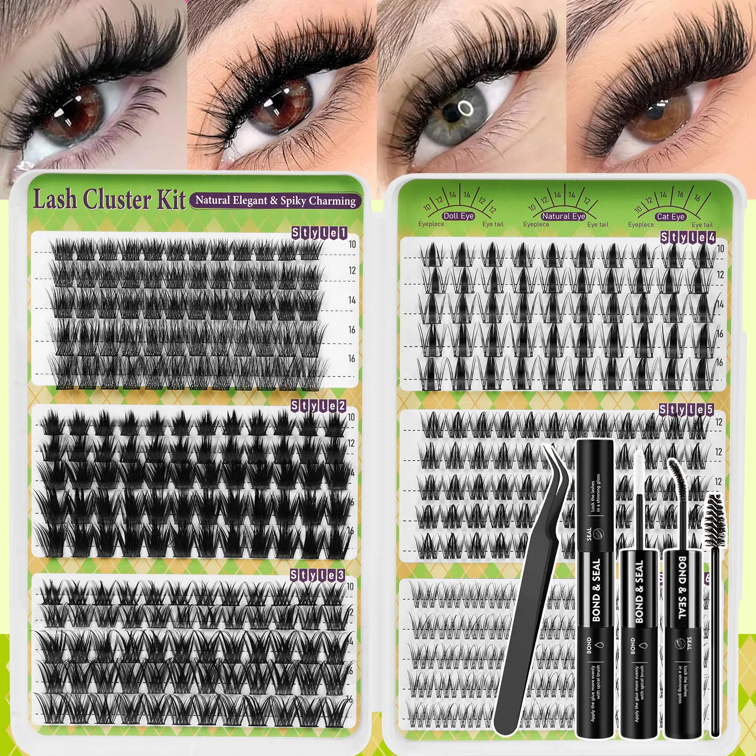 6 Styles Lash Clusters Kit With Bond & Seal, Tweezers & Lash Brush, Wispy Natural Fluffy Volume Cluster Lashes Mixed Styles For Doll Eye, Cat Eye & Everyday Makeup