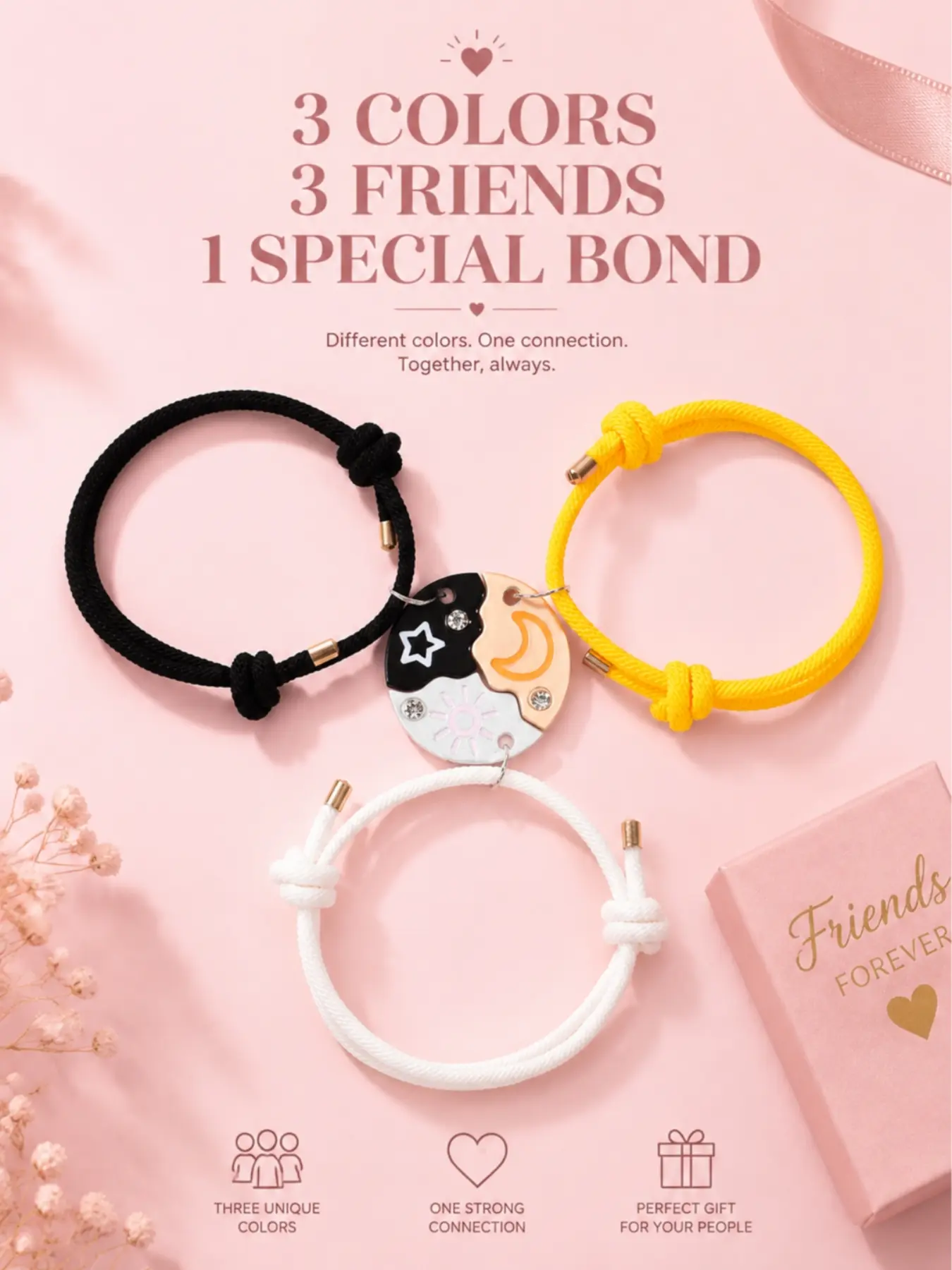 Sun, Moon, & Star Magnetic Bracelet Set for 3 - Puzzle Design BFF Jewelry for Best Friends & Sisters Ideal Friendship Gift with Rhinestone Detail Perfect for Birthday, Anniversary, Valentine's Day Magnetic Clasp Bracelet Set