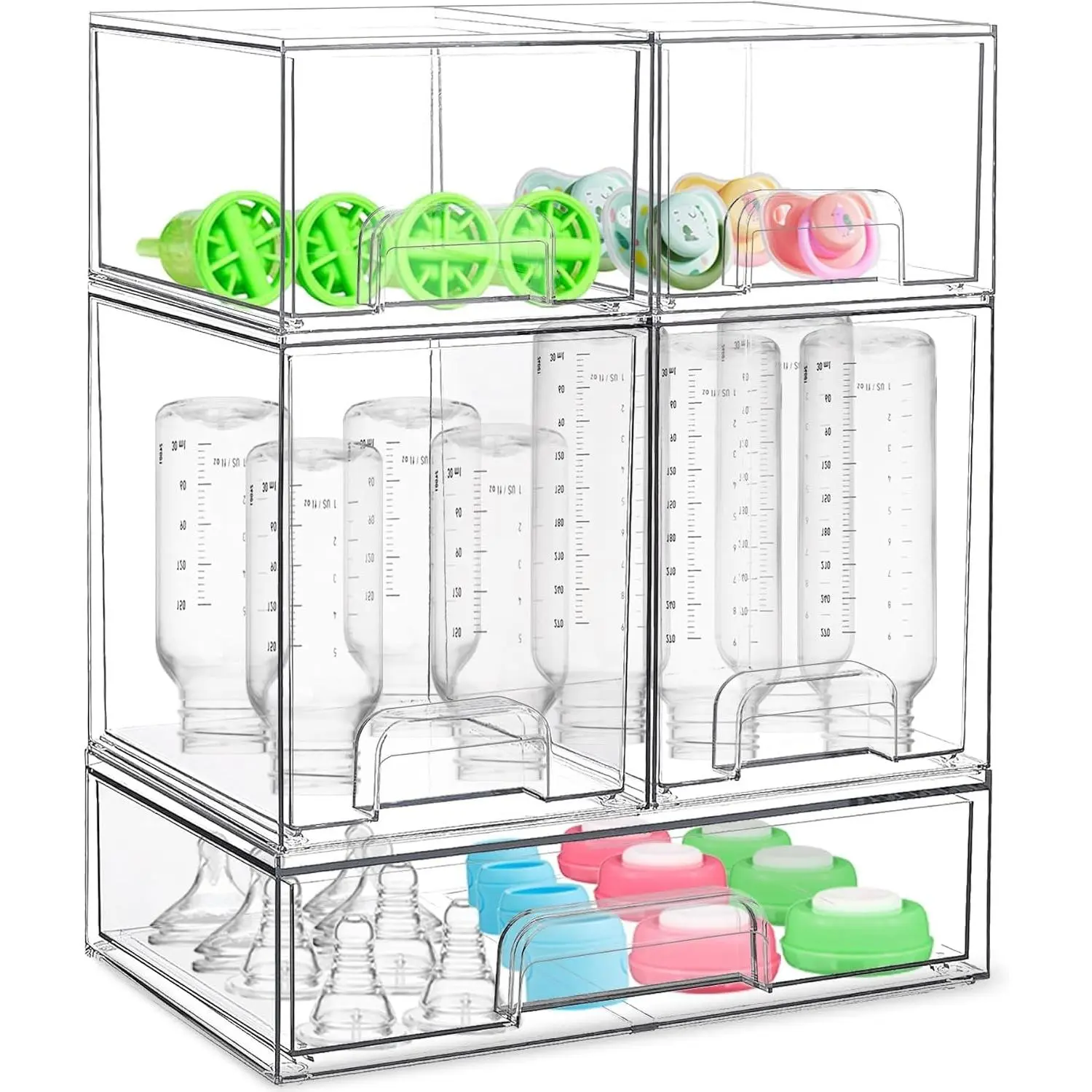 5-Pack Clear Acrylic Baby Bottle Organizer with Drawers for Countertop and Cabinet - Stackable Food-Grade Storage for Bottles, Pacifiers and Pump Parts(Gift)
