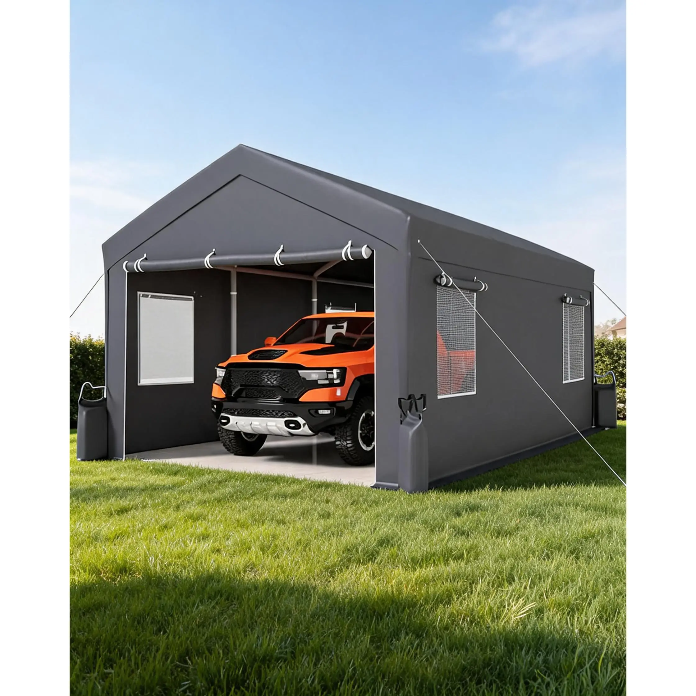 Heavy-Duty 20x10x11 Ft Portable Carport Garage – Reinforced Canopy, Roll-Up Windows, Front & Back Doors, Outdoor Storage Shelter for Cars, Trucks, Boats, Parties