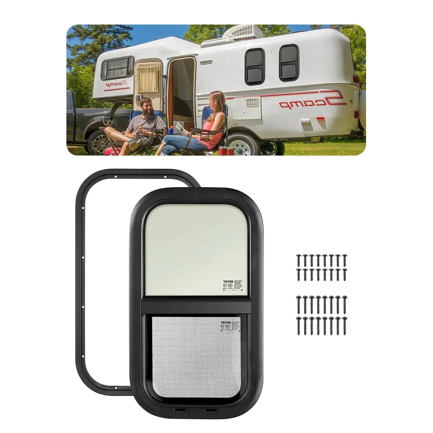 VEVOR Vertical RV Window, 12" W x 22" H Tinted Sliding RV Window with Net Screen & Trim Ring, Fit 15/16" - 1 3/4" Thickness Wall, RV Window Replacement for Teardrop Cargo Trailer Camper, DOT Approved