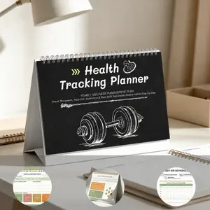 12-month health check-in plan - healthy dumbbell cover, no-date plan pages, progress tracking, achieve your health goals - stay healthy with our handy daily tracking charts
