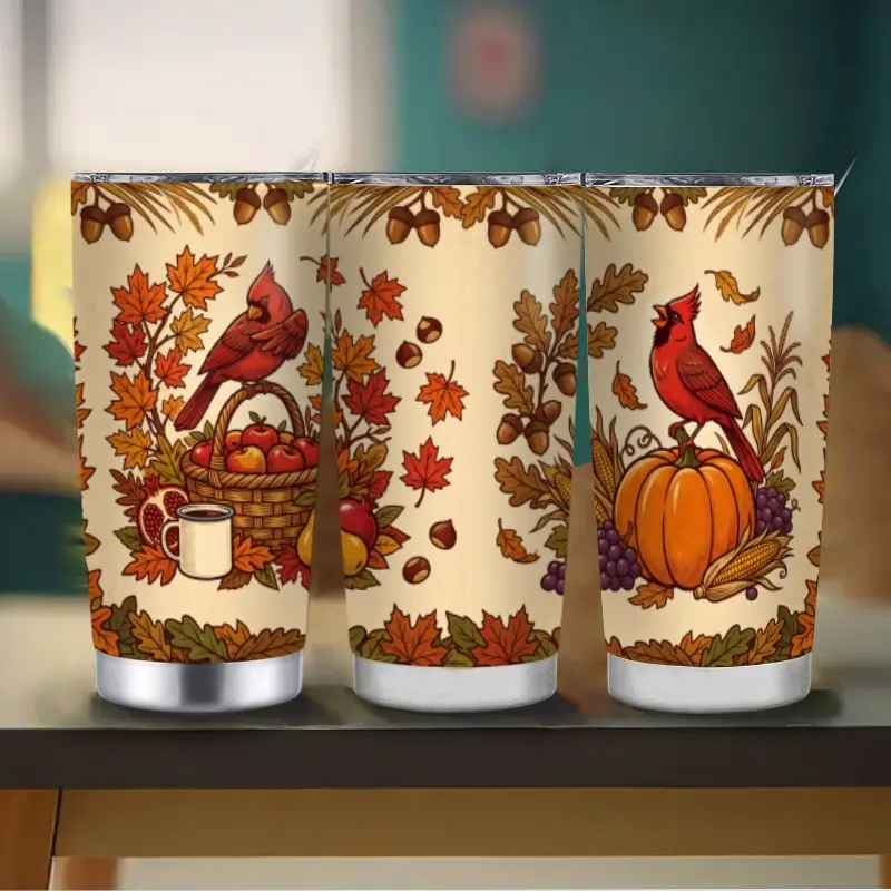 Autumn Harvest Red Cardinal Pumpkin Stainless Steel Insulated Tumbler with Straw, Fall Maple Leaf Travel Cup, Great for Hiking, Morning Porch, Thanksgiving Gift.