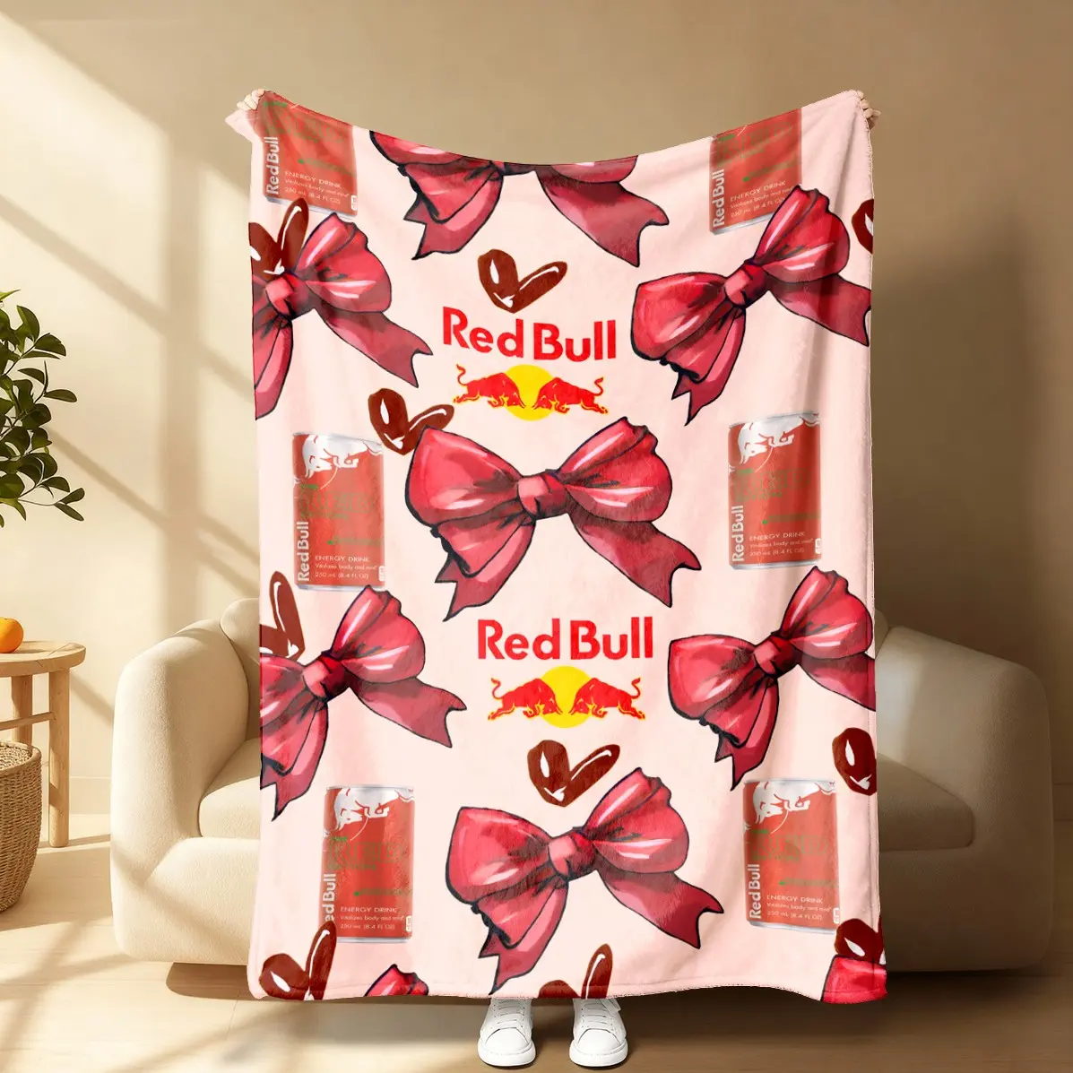 Comfortable Energy Drink Can Shape Blanket with Bow, Lightweight Soft Flannel Throw, Ideal for Sofa, Suitable for All Seasons