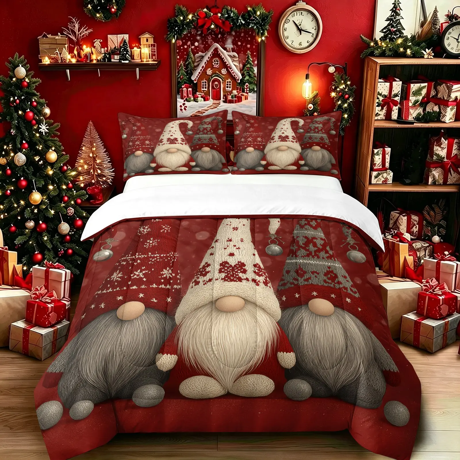 Vintage Red Knit Pattern Gnome Print Comforter Set (1 Quilt + 1-2 Coreless Pillowcases), Soft Comfy Durable Washable, All Season Microfiber Fabric, Scandinavian Gonk Christmas Pattern Bedding Decor for Xmas Home