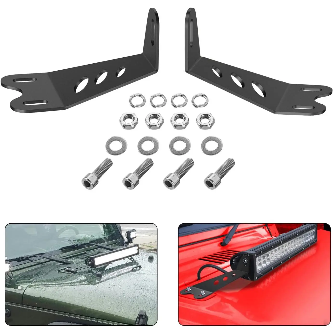 Nilight 2PCS Stainless Steel Hood Mounting Brackets - Secure Car Exterior Upgrade, Sturdy Full Metal LED Light Support, Corrosion Resistant, Adjustable, for 20-22 in Light Bars, Jeep Wrangler JK 2007-2017, Black, 2-Year Warranty (90040B)