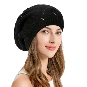 Women’s Soft Knit Crochet Beret Hat – Lightweight Slouchy Beige Beret, Breathable Cutout Design for Spring & Fall