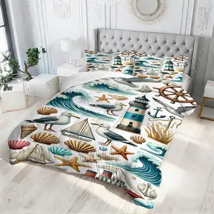 Boho Coastal Seagull Lighthouse Comforter Set, 2/3 Pcs No Pillow Core, All‑Weather Comfortable Bedding Set, Breathable & Gentle on Skin, Ideal for Guest Bedroom, Cottage Room, Beach Cabin, Holiday Gift
