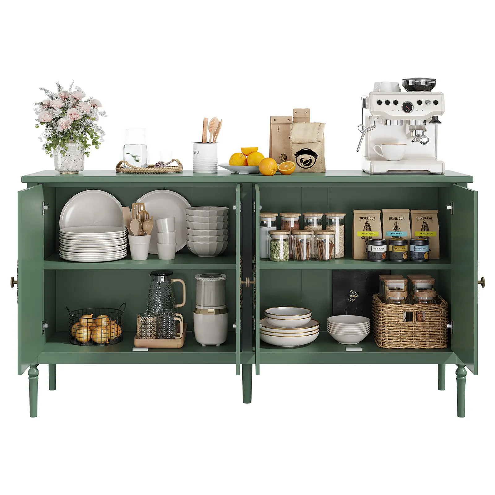 Modern 59" Wooden Sideboard Buffet Cabinet – 4 Doors, Adjustable Shelves, Spacious Storage – Coffee Bar Credenza for Dining Room, Living Room, Kitchen
