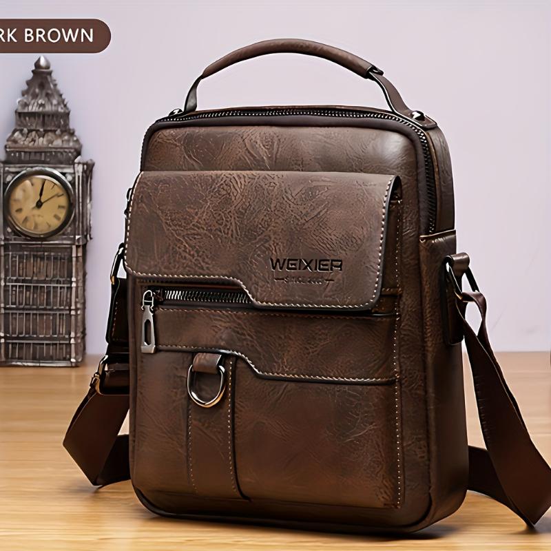 Leather Crossbody Bag for Men - Shoulder Bag, Retro Handbag, Business Casual Briefcase, Holiday Gift Large Capacity, Multi Compartment, Zipper