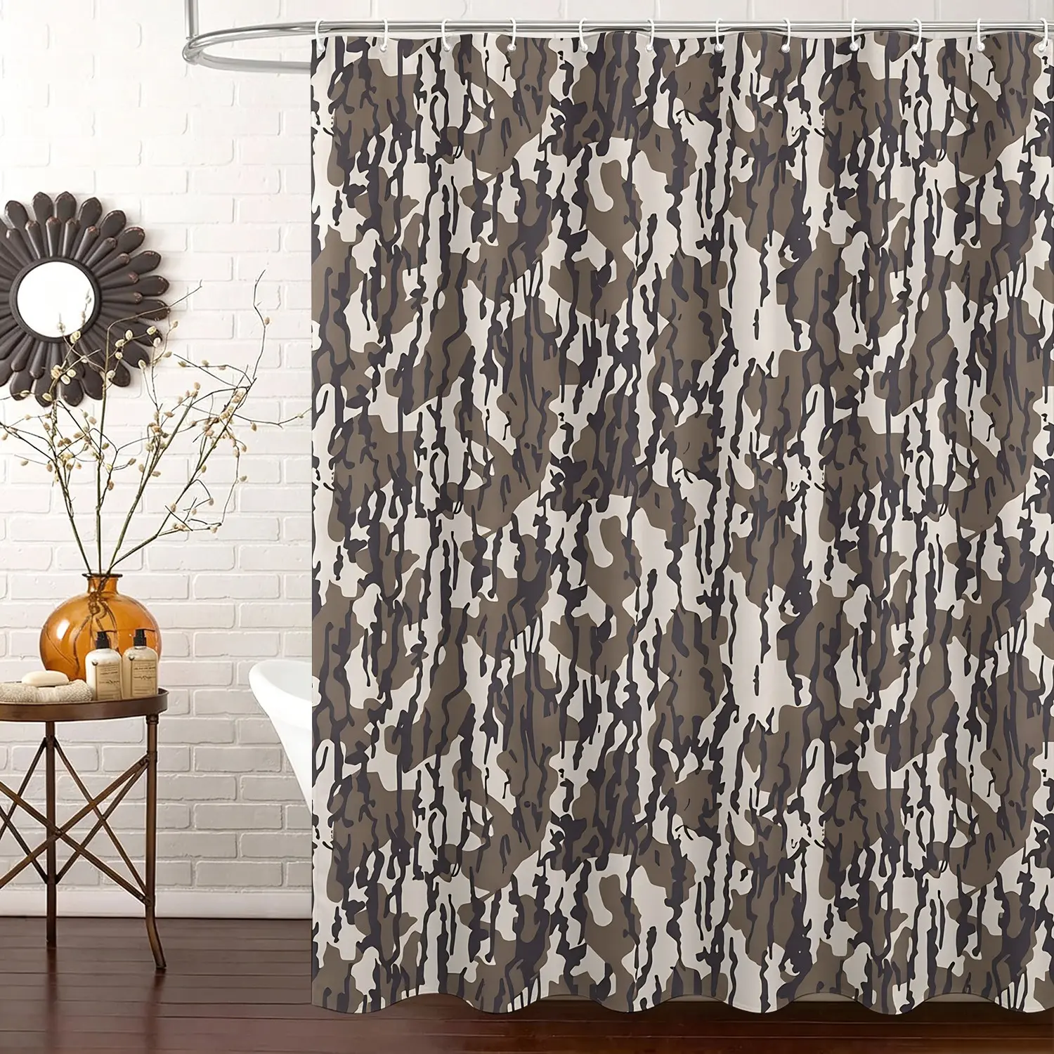 1Pcs Vertical Jungle Camo Shower Curtain, Brown Desert Camouflage Pattern Bathtub Privacy Curtain, Waterproof Cloth Fabric Bathroom Decor Set, Outdoor Hunting Tactical Style Home Bath Accessories with 12 Hooks