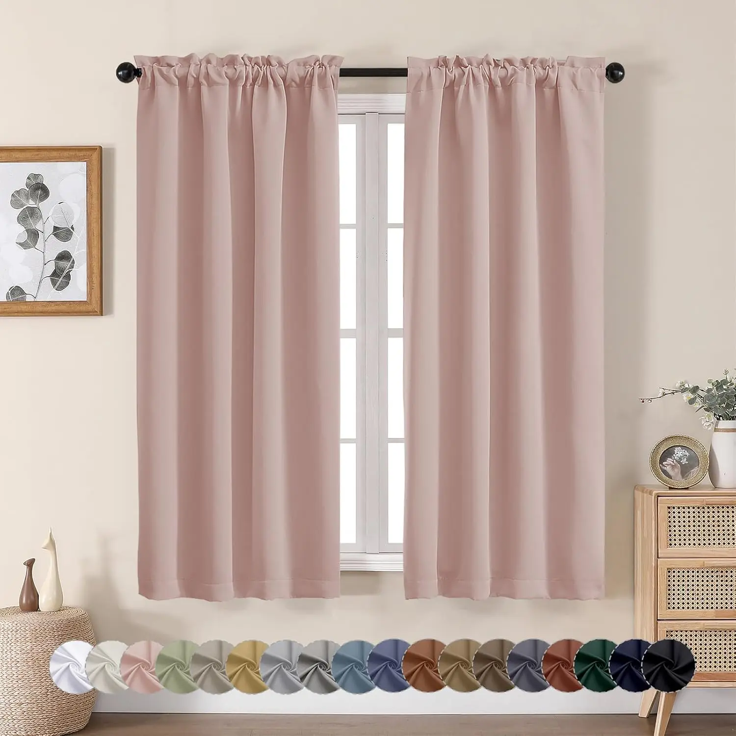 Blush Blackout Curtains for Bedroom 63 Inch Length 2 Panels Set, Nursery Thermal Energy Saving Rod Window Treatment Curtains Blackout Drapes, W40 x L63 Inch, Blush
