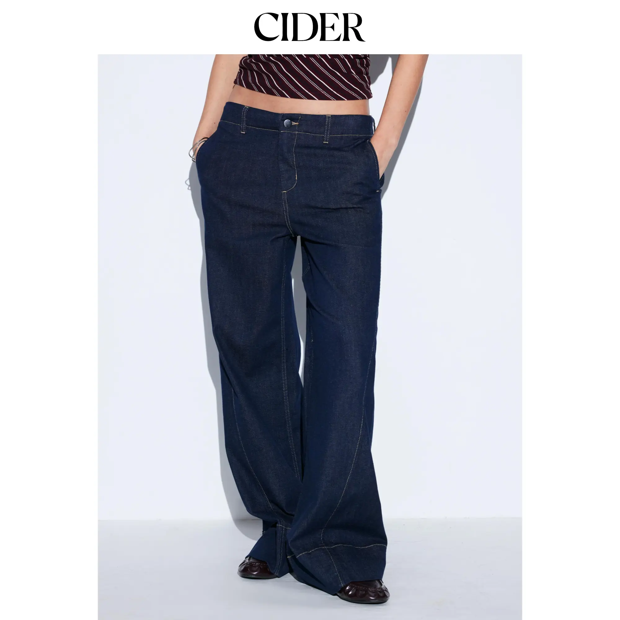 Cider Washed Denim Mid Rise Wide Leg Trousers Oversized