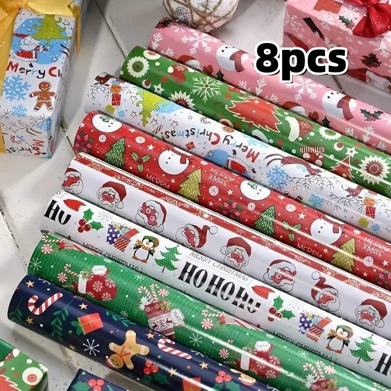 8-Pack Shiny Christmas Gift Wrapping, Double-Layer Copper Ribbon with Santa and Tree Design, Perfect for Holiday Gifts, Crafts, and Decorations