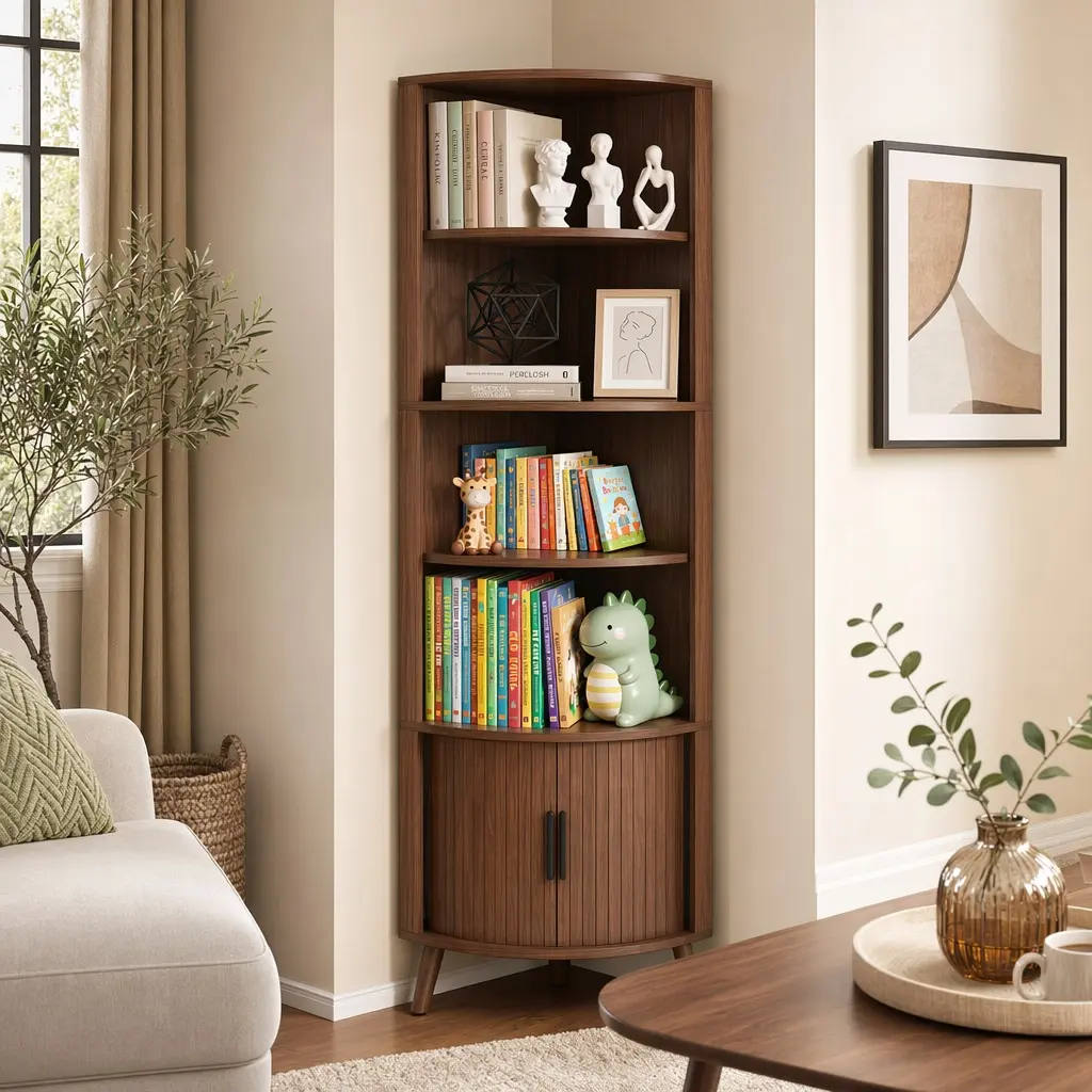 ARCH 67-Inch Tall 5-Tier Corner Shelf Freestanding Wood Corner Bookshelf with Sliding Doors and Open Shelves, Space-Saving Modern Corner Storage Cabinet for Living Room, Kitchen, Office, Walnut MDF, Walnut Color Options, MDF Material