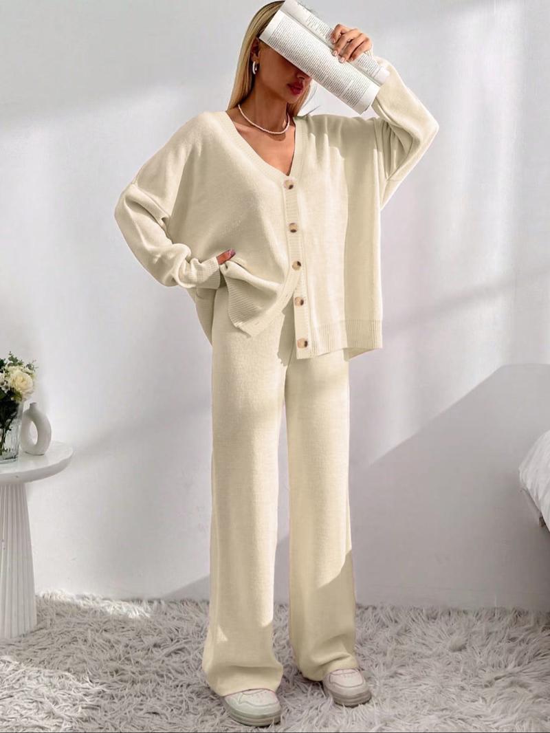 Women's Solid Button Front Drop Shoulder V Neck Cardigan & Elastic Waist Wide Leg Pants Two-piece Set, Casual Fashion Cozy Knitwear Set for Daily Outdoor Wear, Women's Knitwear for Fall & Winter Women's Solid Button Front Drop Shoulder V Neck Cardigan & Elastic Waist Wide Leg Pants Two-piece Set, Casual Fashion Cozy Knitwear Set for Daily Outdoor Wear, Women's Knitwear for Fall & Winter