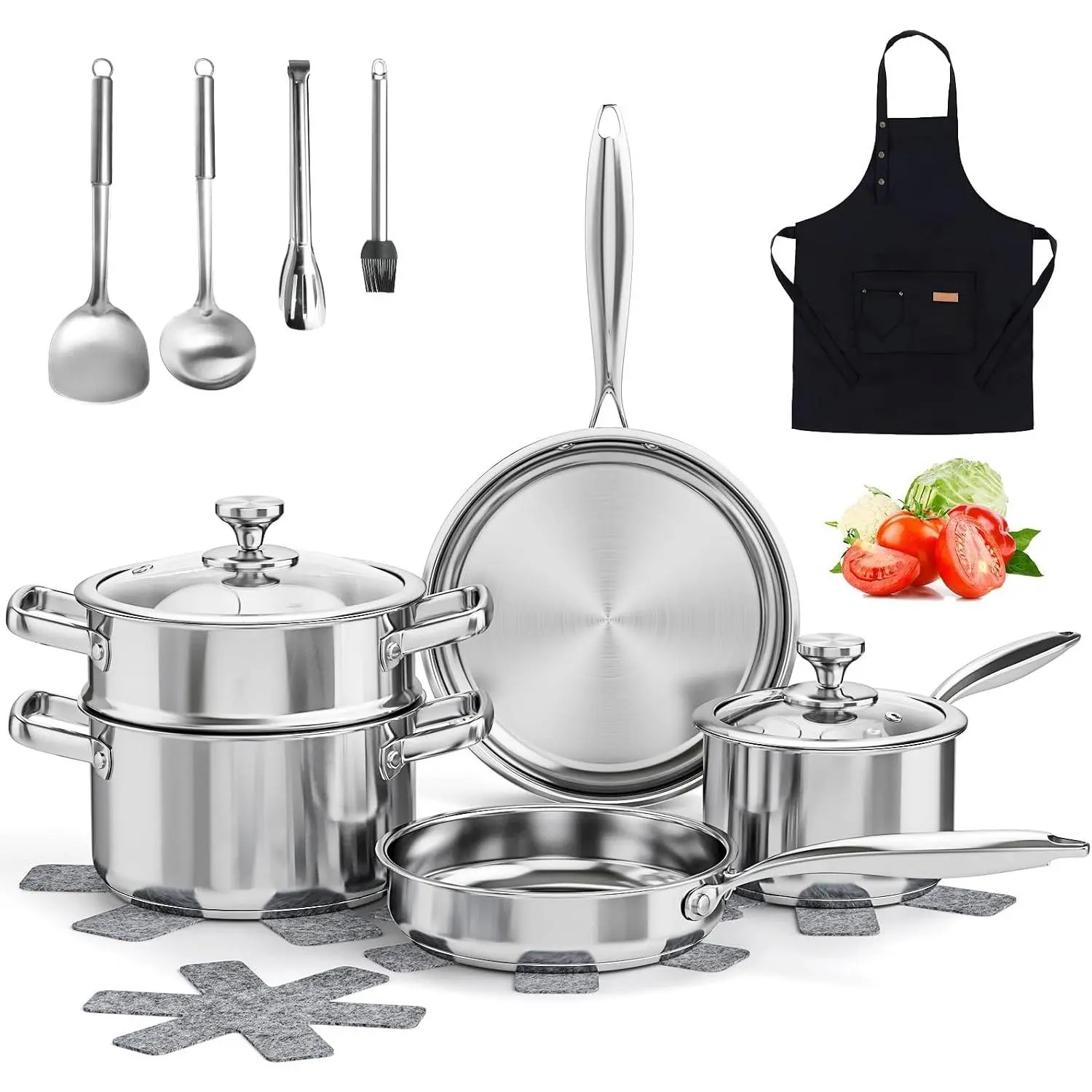 Stainless Steel Cookware Set, 16-Piece Pots and Pans Set Non Toxic, Kitchen Induction Cookware with Glass Lids, Steamer, Utensil Sets, Pot Protectors & Apron, Oven & Dishwasher Safe, Silver