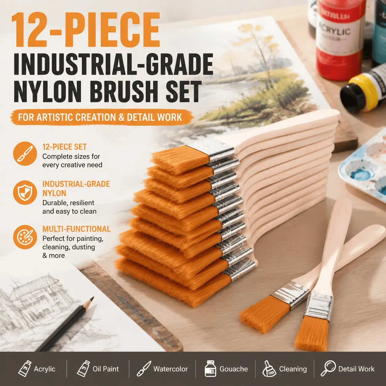 Professional Acrylic Oil Watercolor Paint Brush Set, Multi-Size Wooden Handle with Durable Copper Ferrules, Fade-Proof Nylon Tips for Quick Drying & Easy Cleaning, Portable Artist Roll for Students & Outdoor Sketching