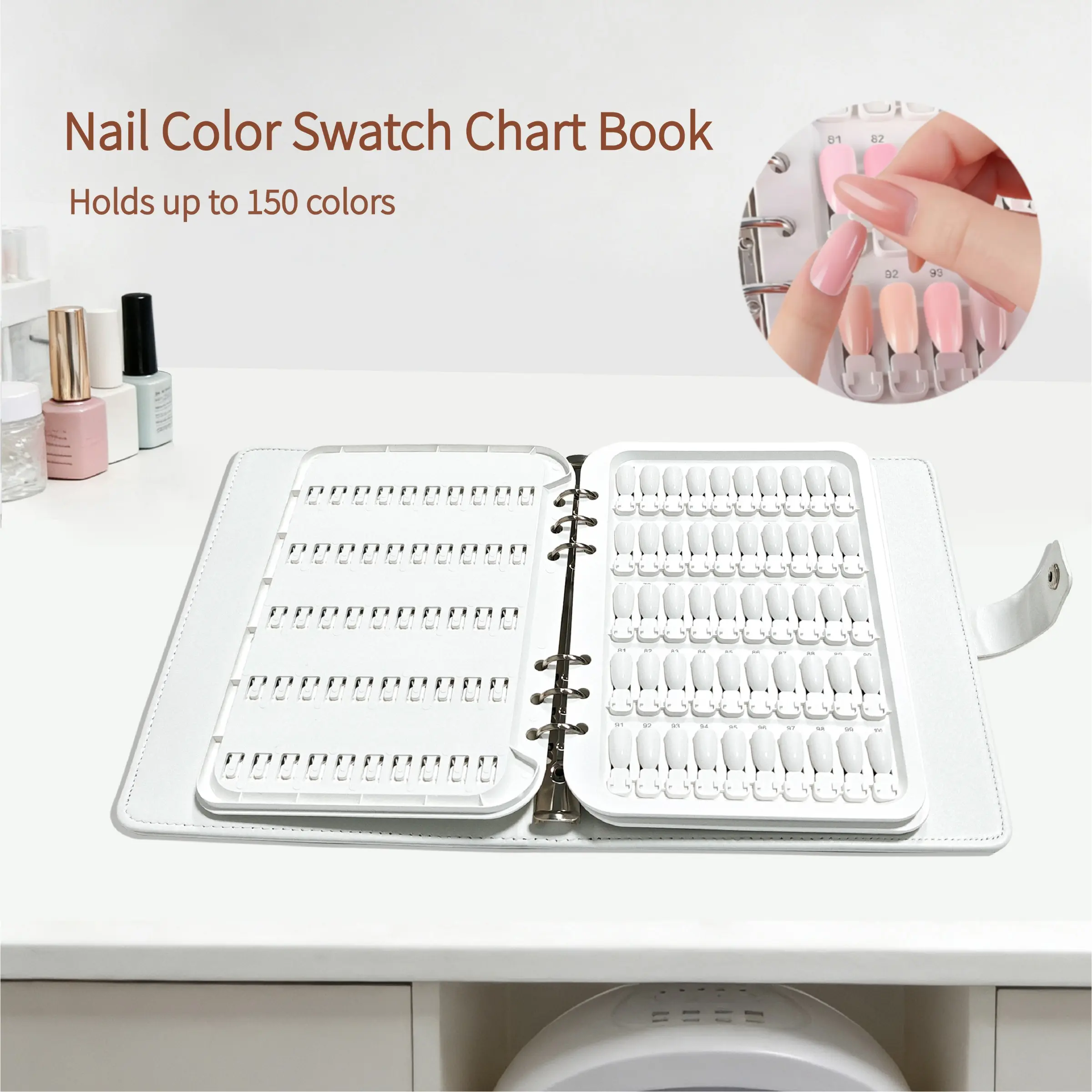 1 Kit Lightweight Non-Magnetic Snap-in 150-Color Nail Art Swatch Book, Nail Care, Nail Color Book with PU Leather Cover & Clear PVC Window, Includes 180pcs ABS Blank Nail Tips (150 for Display+30 Spare Refills) & Number Stickers for Nail Salon Manicurists