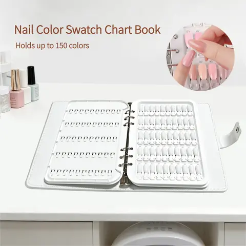 1 Set Snap-in 150-Color Nail Art Swatch Book with PU Leather Cover & Clear PVC Window, Nail Tech Supplies, Includes 180pcs ABS Blank Nail Tips (150 Display+30 Spare) & Number Stickers for Nail Salon Manicurists
