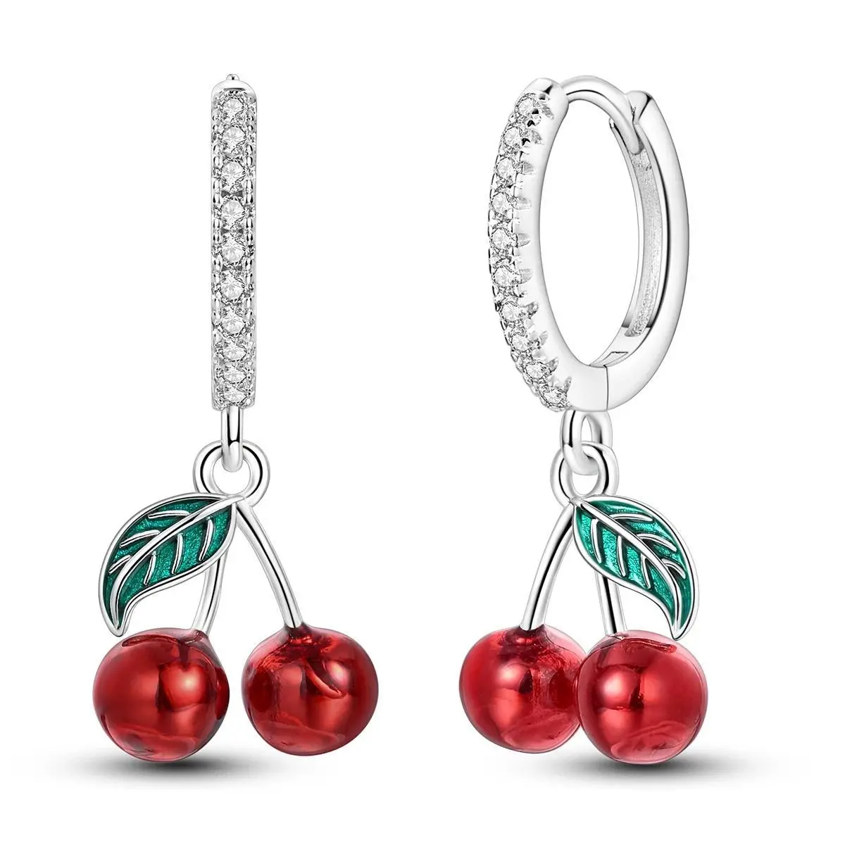 925 Sterling Silver Cherry Dangling Earrings for Women, Hoop Style with Sparkling Red Cubic Zirconia Charm, Female Jewelry for Party & Wedding, Sparkling Cz, Adults, Drop Earrings, Cherry Motif, Hoop Shape, Party Wear