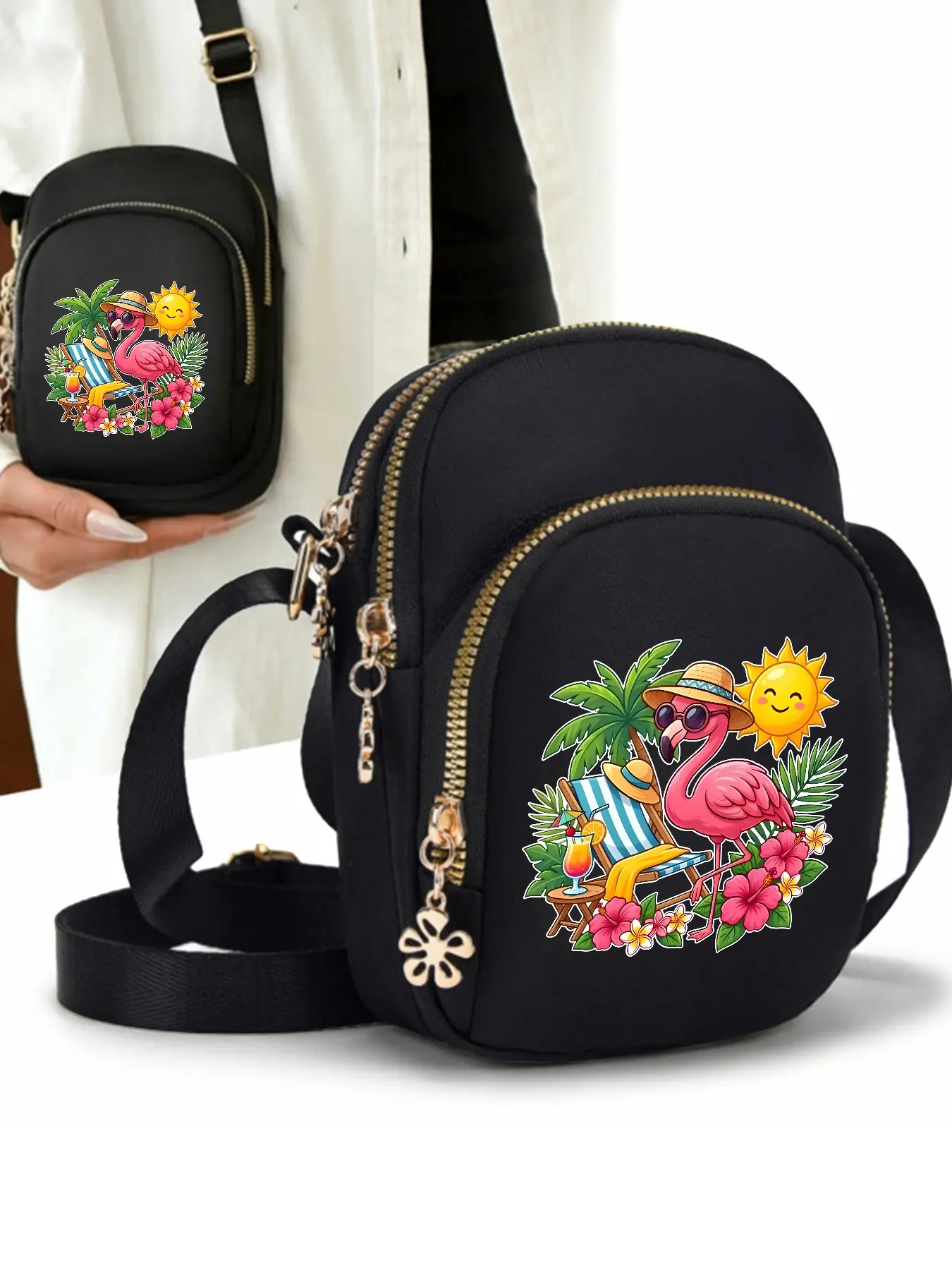 Flamingo Pattern Crossbody Bag, Crossbody Bag with Headphone Jack, Casual Shoulder Bag, Phone Pouch, Multiple Compartments and Zippered Pockets, Adjustable Shoulder Strap, Suitable for Daily Commuting, Trendy Fashion Item, Ideal Holiday Gift.