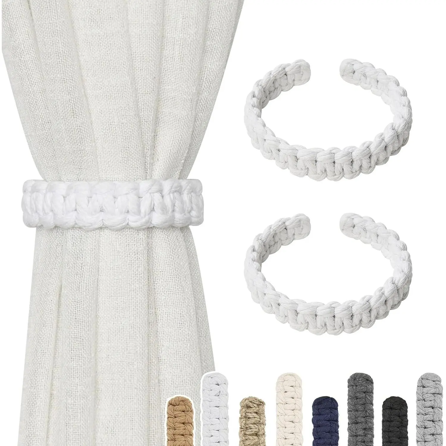 2 Pack Natural Cotton Rope Curtain Tiebacks, Farmhouse Rustic Style Handmade Braided Drape Holdbacks for Sheer/Light Weight Drapery, Home & Office (C-White-S)Gift
