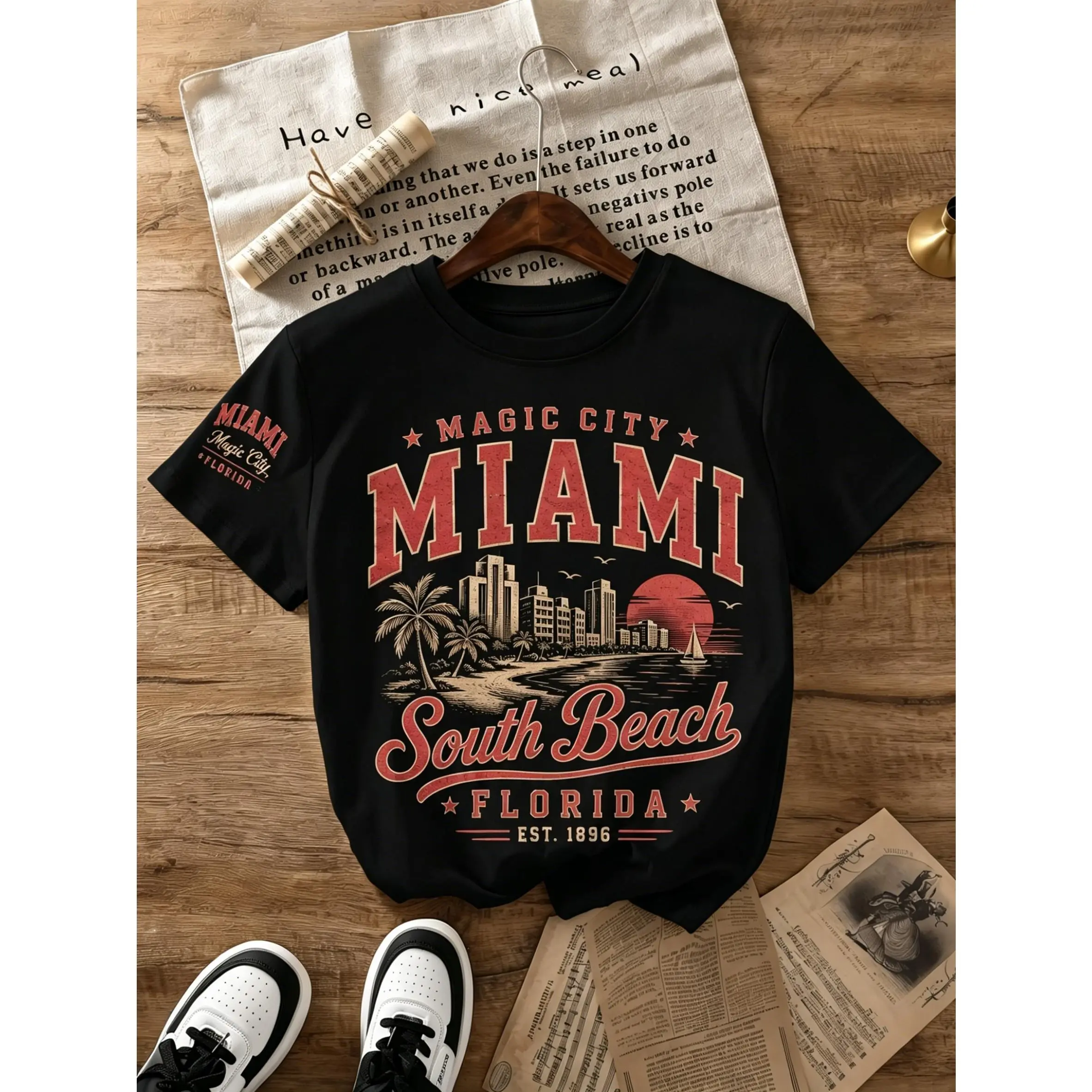 City  Miami Palm Beach Print Women's Short Sleeve T-Shirt Spring And Summer Street Casual Loose Round Neck Daily Outing Outdoor Party Vacation Comfortable Trendy Versatile Top,Unisex Vintage Graphic T-Shirt,shirts women,funny shirts men