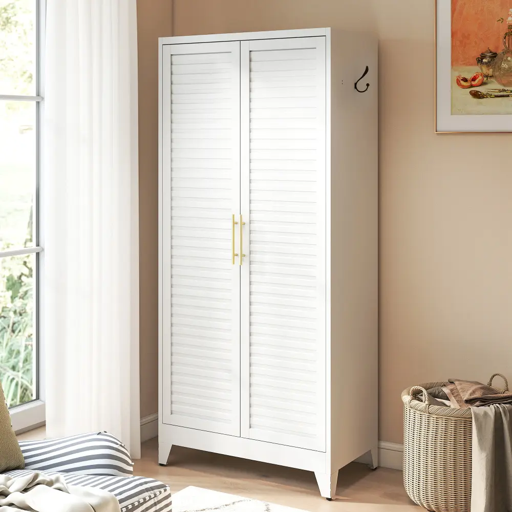 White Metal Wardrobe Closet with 2 Doors, 71″ Tall Portable Storage Cabinet for Bedroom, Lightweight Closet for Small Apartments, Dorm, Renters, Cold Rolled Steel, Easy Assembly