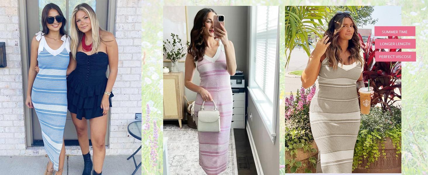 Goranbon Womens Summer Midi Bodycon Sweater Dress Sexy V Neck Tie Shoulder Striped Knit Side Slit Sleeveless Tank Dresses