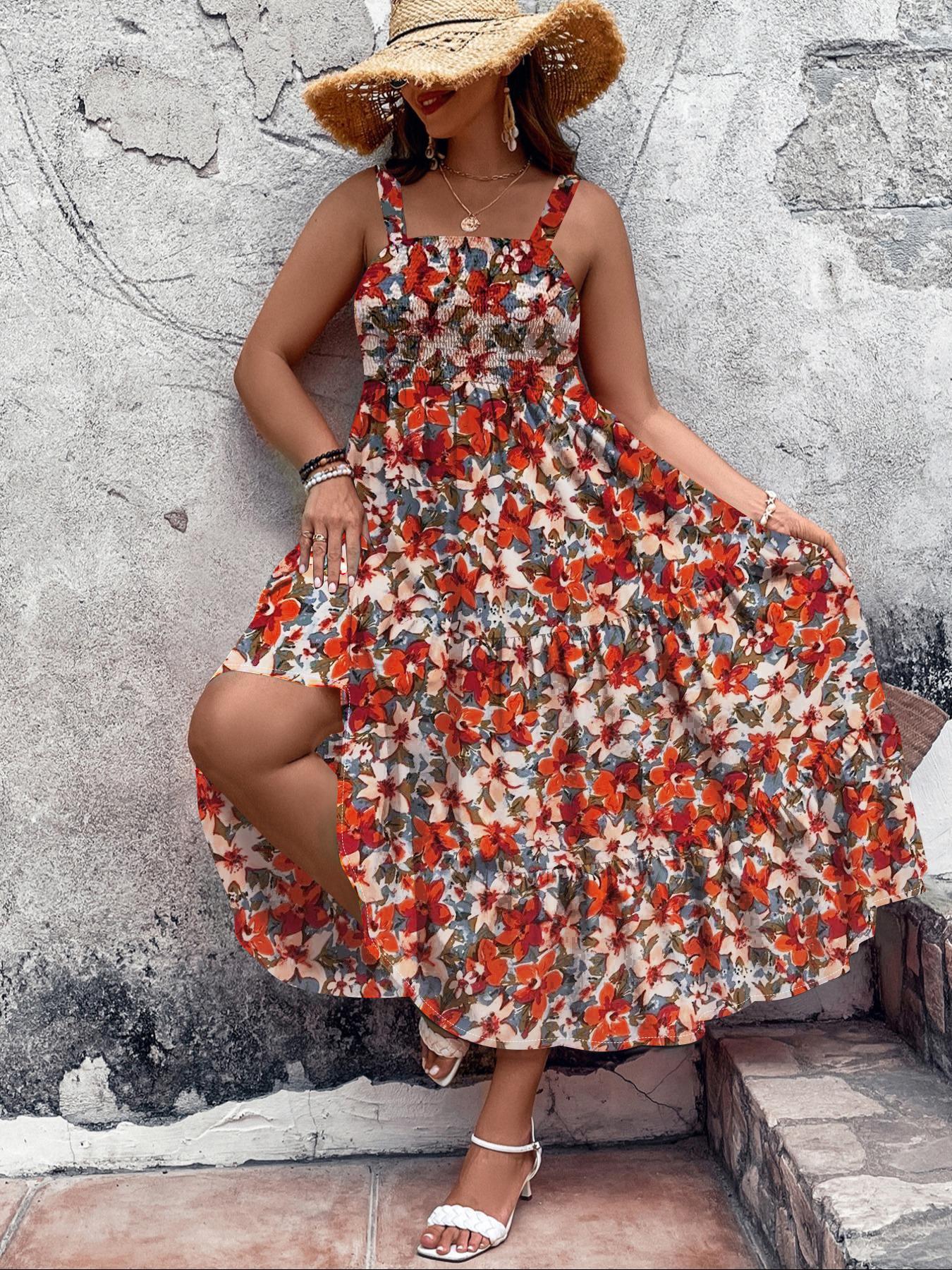 Women's Plus Size Solid Bohemian Shirred Tiered Layer Cami Dress, Elegant Ruffle Hem High Waist A-line Dress for Beach Holiday, Women's Clothes for All Seasons