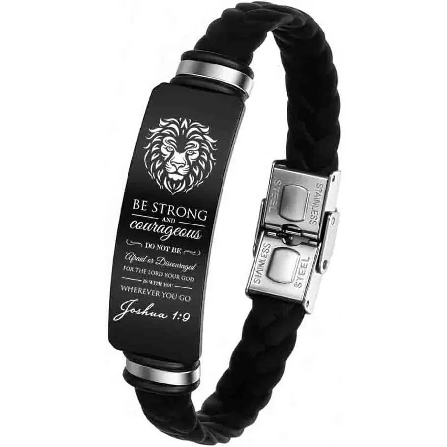 Men's Adjustable Genuine Leather Christian Bracelet with Bible Verse Engraving & Inspirational Quote - Faith Religious Gift for Son, Graduation, Baptism, Birthday, Graduation Gift