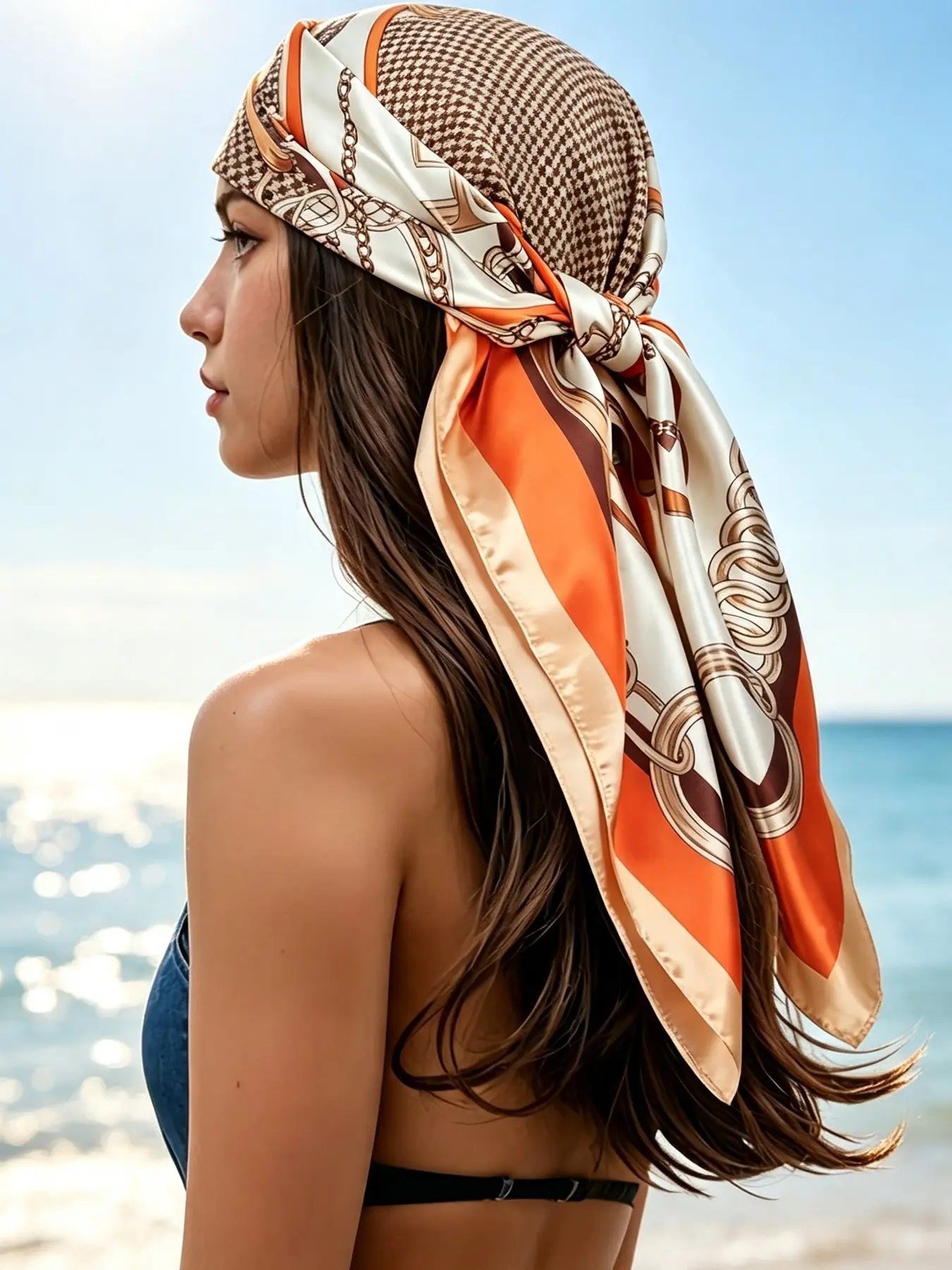 Vintage Houndstooth Silk Scarf, Metal Chain Design, Versatile Accessory for Office & Casual Wear, Fall Winter Essential