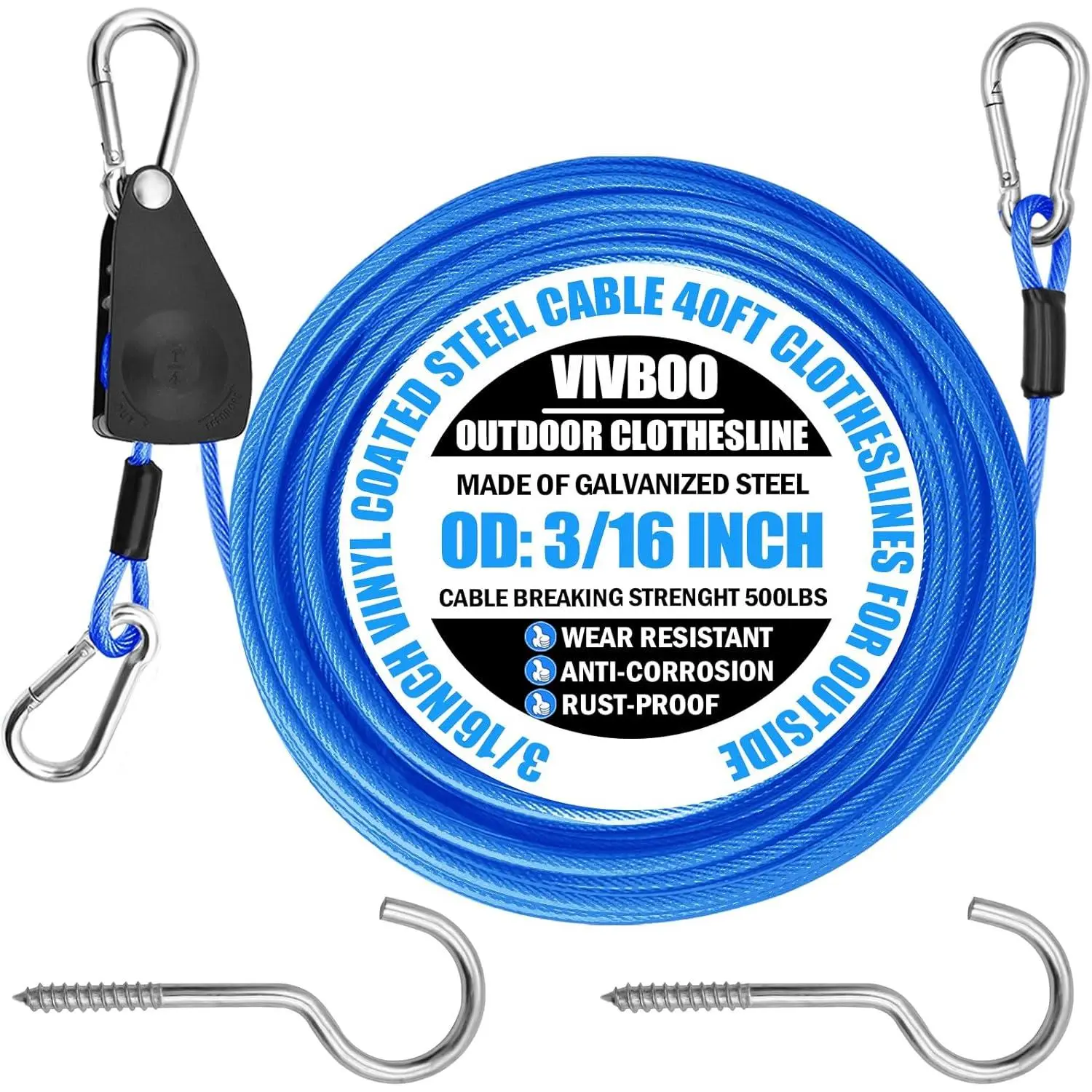 40ft Clothes Line Outdoors 3/16" Wire Ropes Blue PVC Coating Laundry Drying Clothesline Retractor with Metal Hooks Heavy Duty for Umbrella Travel Outside Camping Backyard