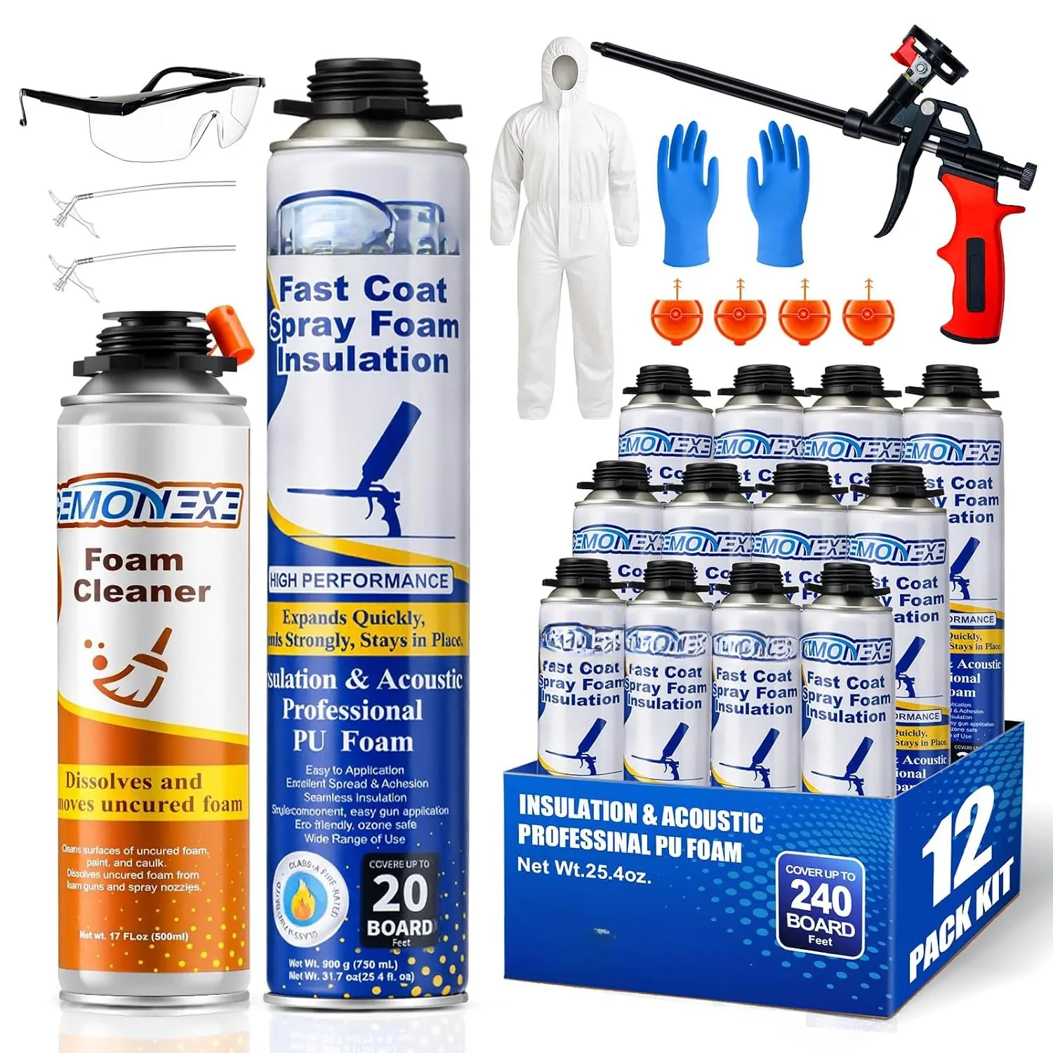 Insulation Kit 240 Board ft/Sq.ft, Closed Cell Wide Polyurethane DIY   for Walls,Ceilings,Attics and Garage Doors (12 Pack×25.4oz) -Thermal & Soundproofing, Included  & Cleaner