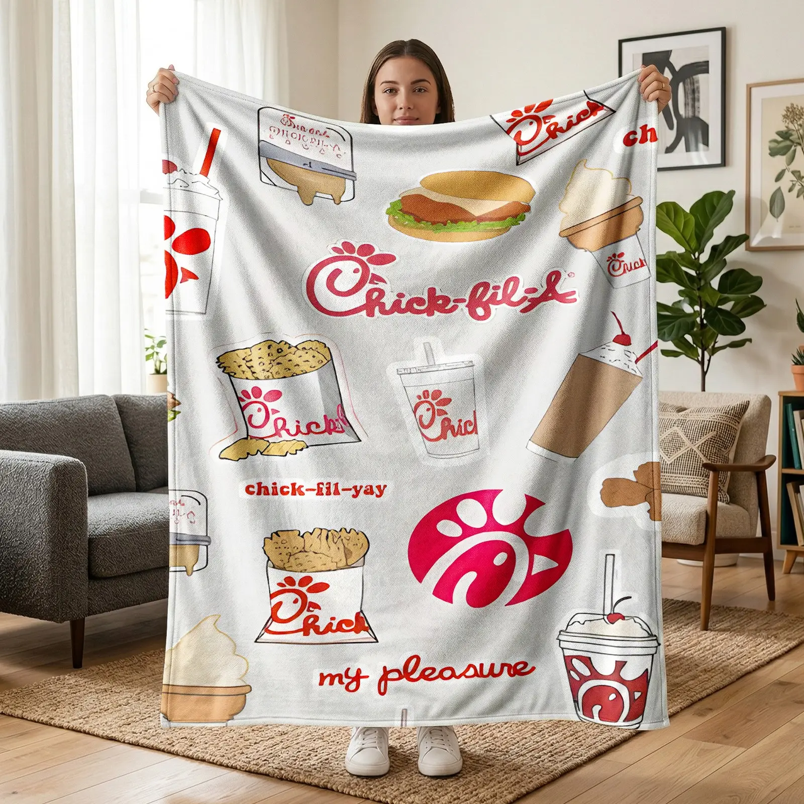 Fast Food Fleece Blanket, Fried Chicken & Burger Throw Blanket, American Fast Food Flannel Blanket with Fries, Milkshake, Ice Cream and Drink Pattern, Soft Cozy Blanket for Couch, Bed, Office, Camping, Birthday, Thanksgiving & Christmas Gift