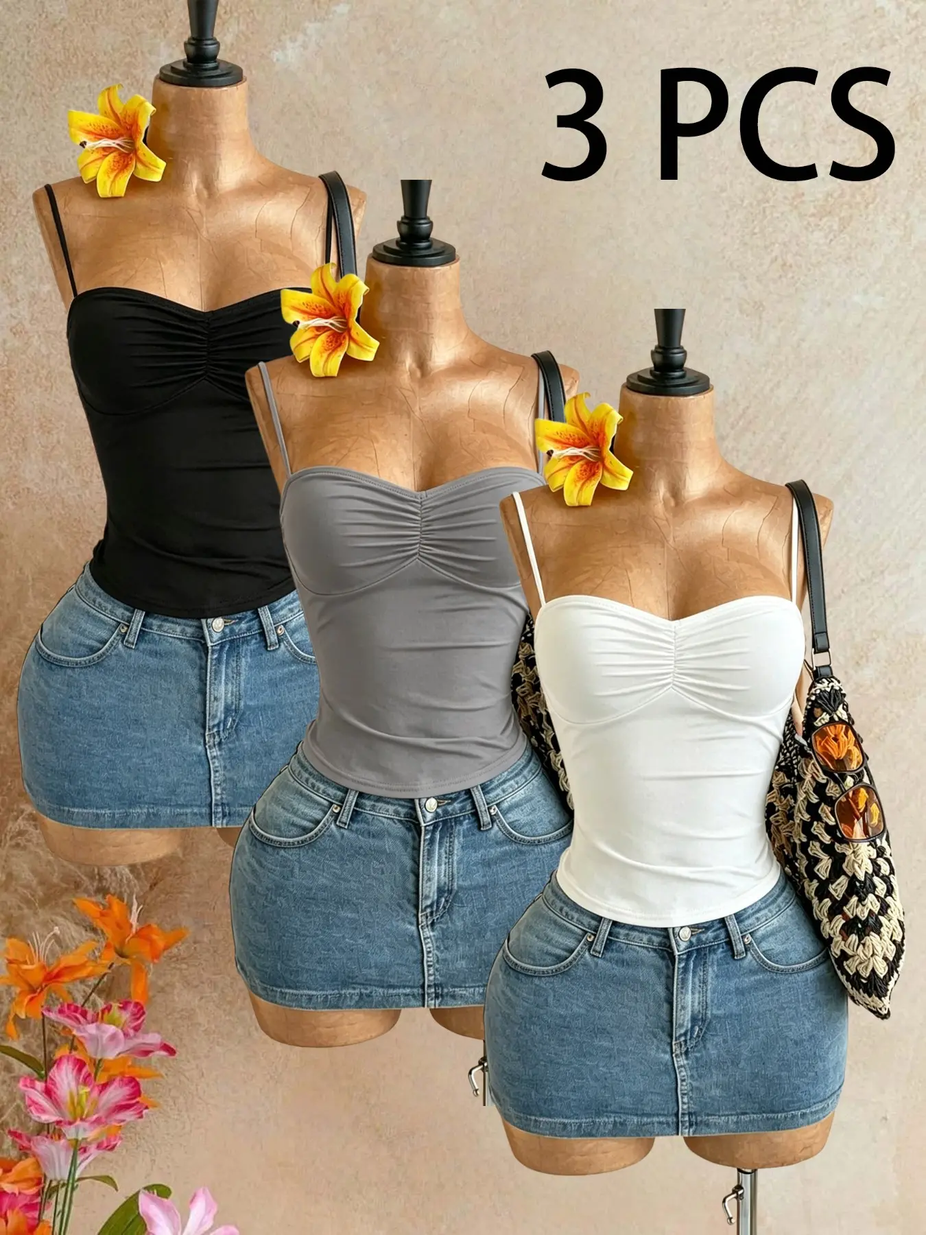 3-Pack Crop Top Set, Ruched Halter Neck Heart Tank Tops, Bodycon Short Sleeve Innerwear, Perfect for Daily Wear & Jeans
