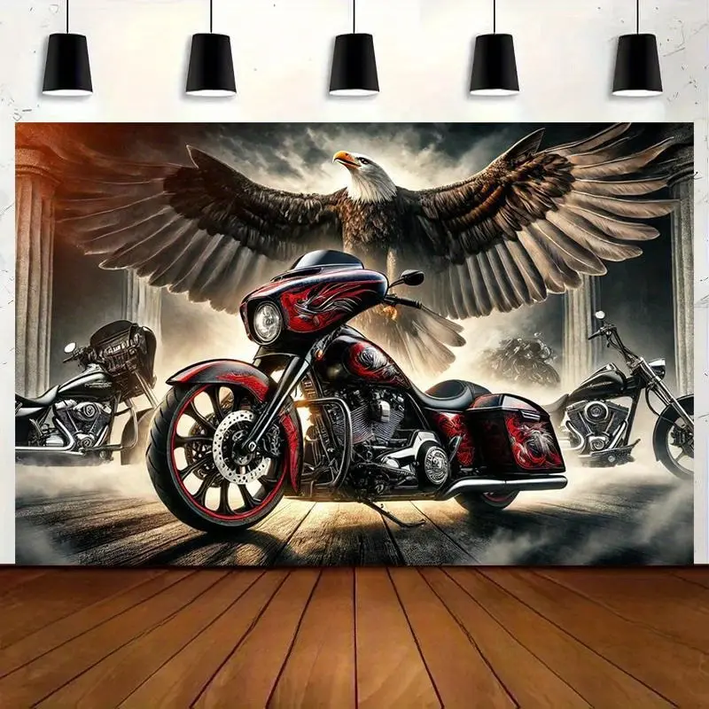 Eagle Motorcycle Theme Backdrop, Vintage Rider Polyester Tapestry for Motorcycle Parties, Garage Decor, Indoor Outdoor Events, Photography Background and Wall Decoration