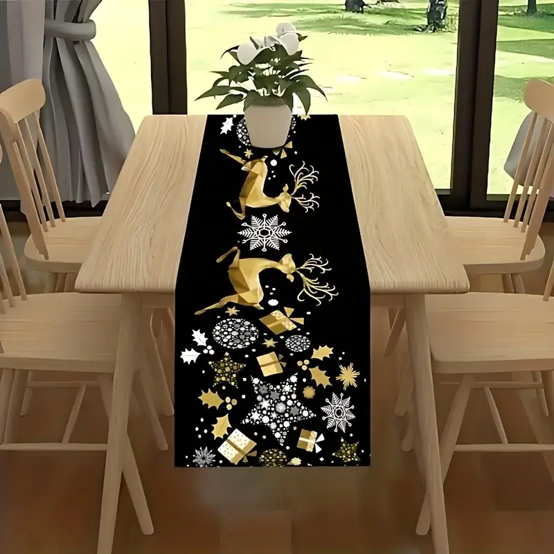 Holiday Christmas Table Runner, with Gold Reindeer, Snowflakes, Polyester Rectangular Table Decor, Perfect for Family Gatherings, Weddings, Farmhouse Style