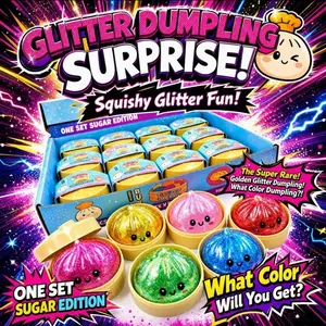 Glitter Dumpling Squishy, Ultra Rare Gold Glitter Hidden Edition, Soft TPR Dough Ball with Steamer, Sensory Stress Relief Toy