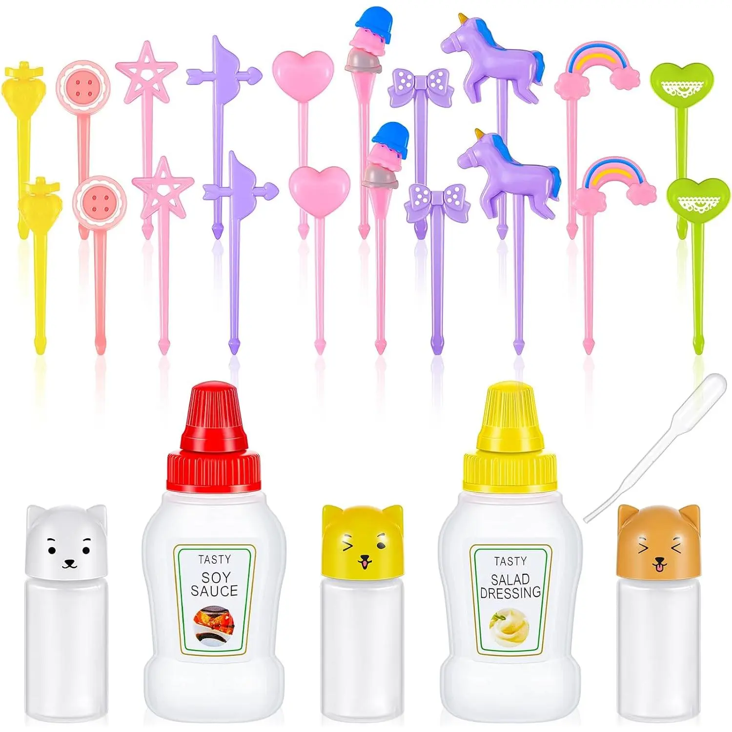26 count Lunch Bento Soy Sauce Case Containers, 5 Mini Condiment Squeeze Bottles with Dropper and 20   Picks  Lunch Box,  to Accessories( Style)
