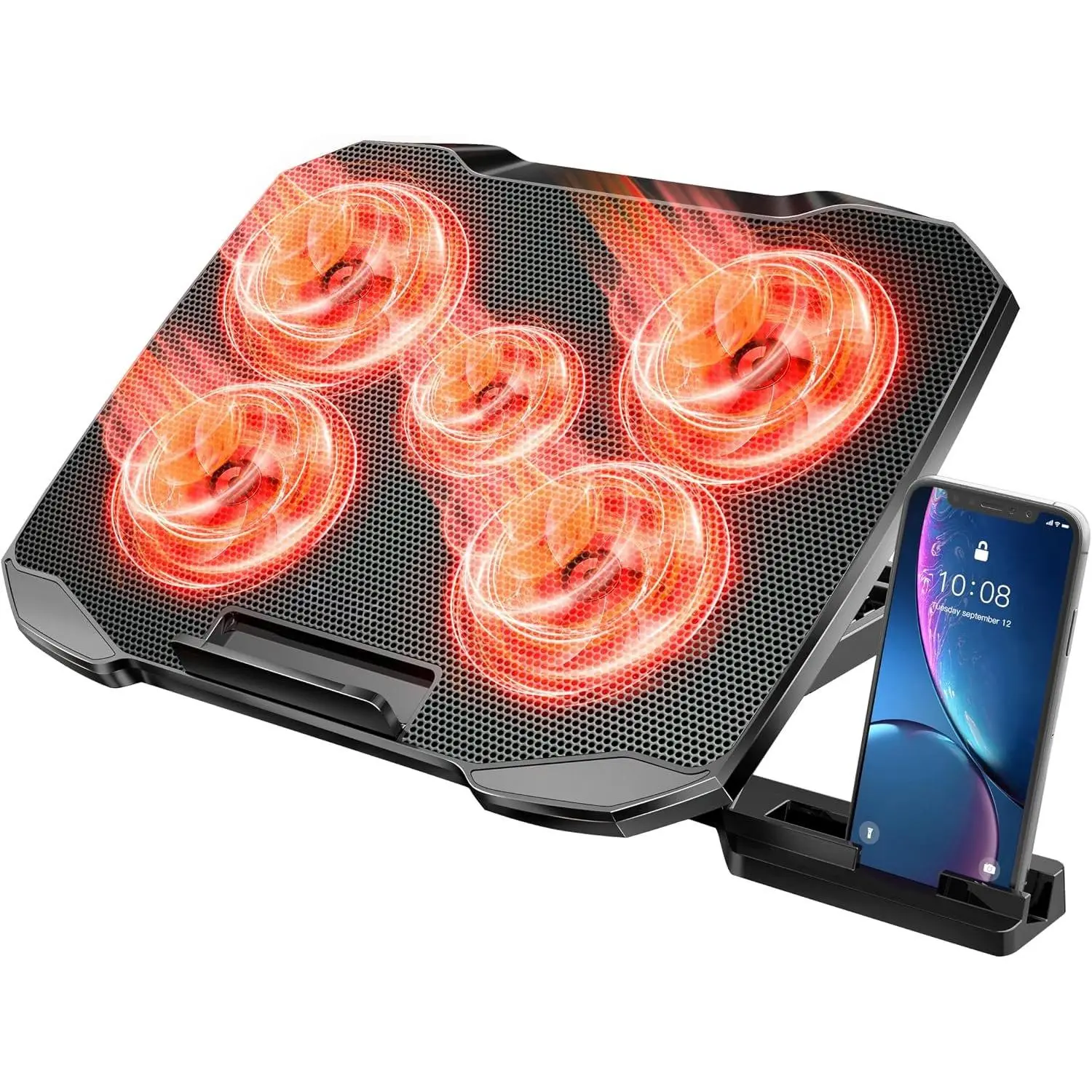 Laptop Cooling Pad for  Laptop Cooler for 12-15.6 Inch Notebooks, Laptop Cooling Stand with 5 Quiet Fans, 5 Height Adjustable,2 USB Ports, Phone Stand